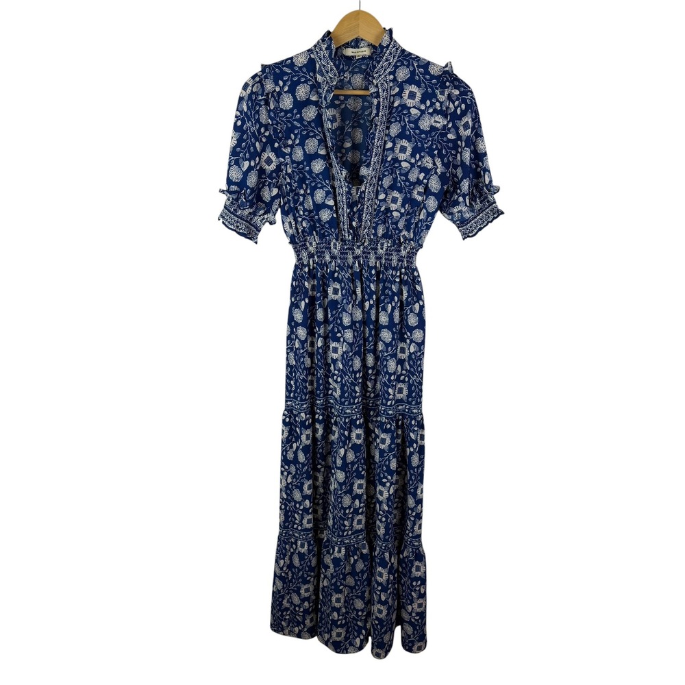 Max Studio Blue Floral Smocked Tiered Maxi Dress Small Prairie Cottage Boho